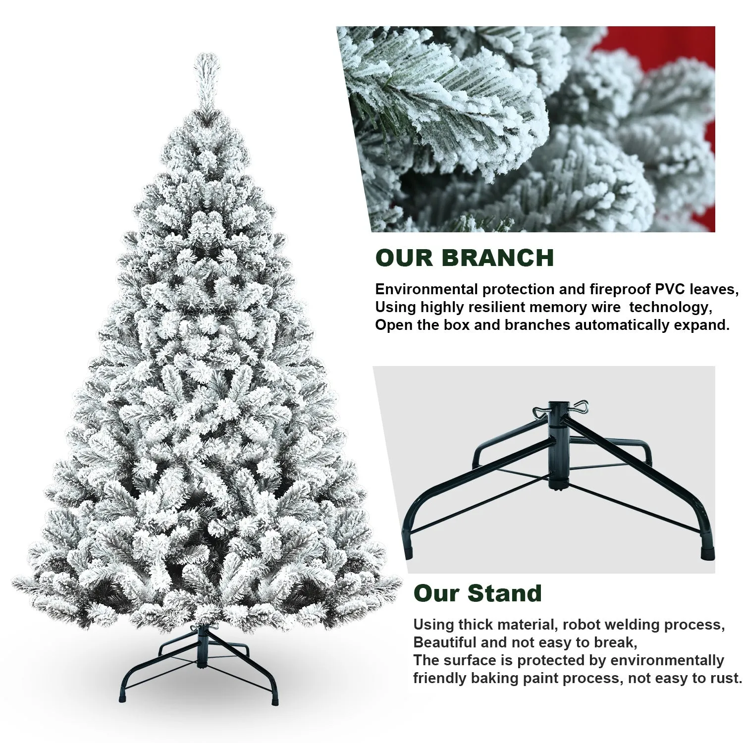 8ft PVC Flocking Hinged Tree Environmentally Friendly Fireproof Artificial Christmas Flocked Tree