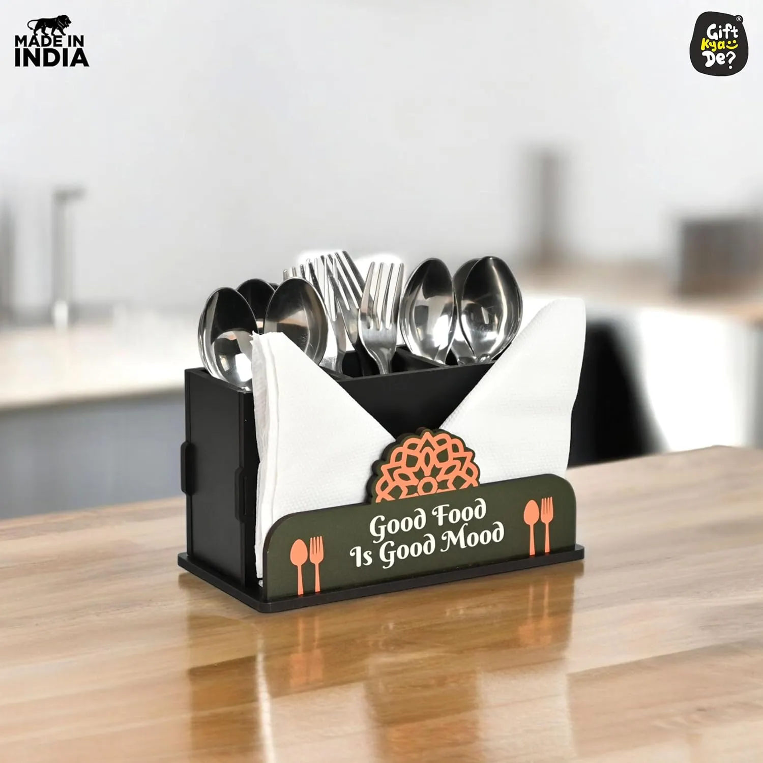 Cutlery Stand with Tissue Holder for Kitchen & Dining Table | 3 Compartments | Spoon, Knife & Fork Holder, Cutlery Organizer