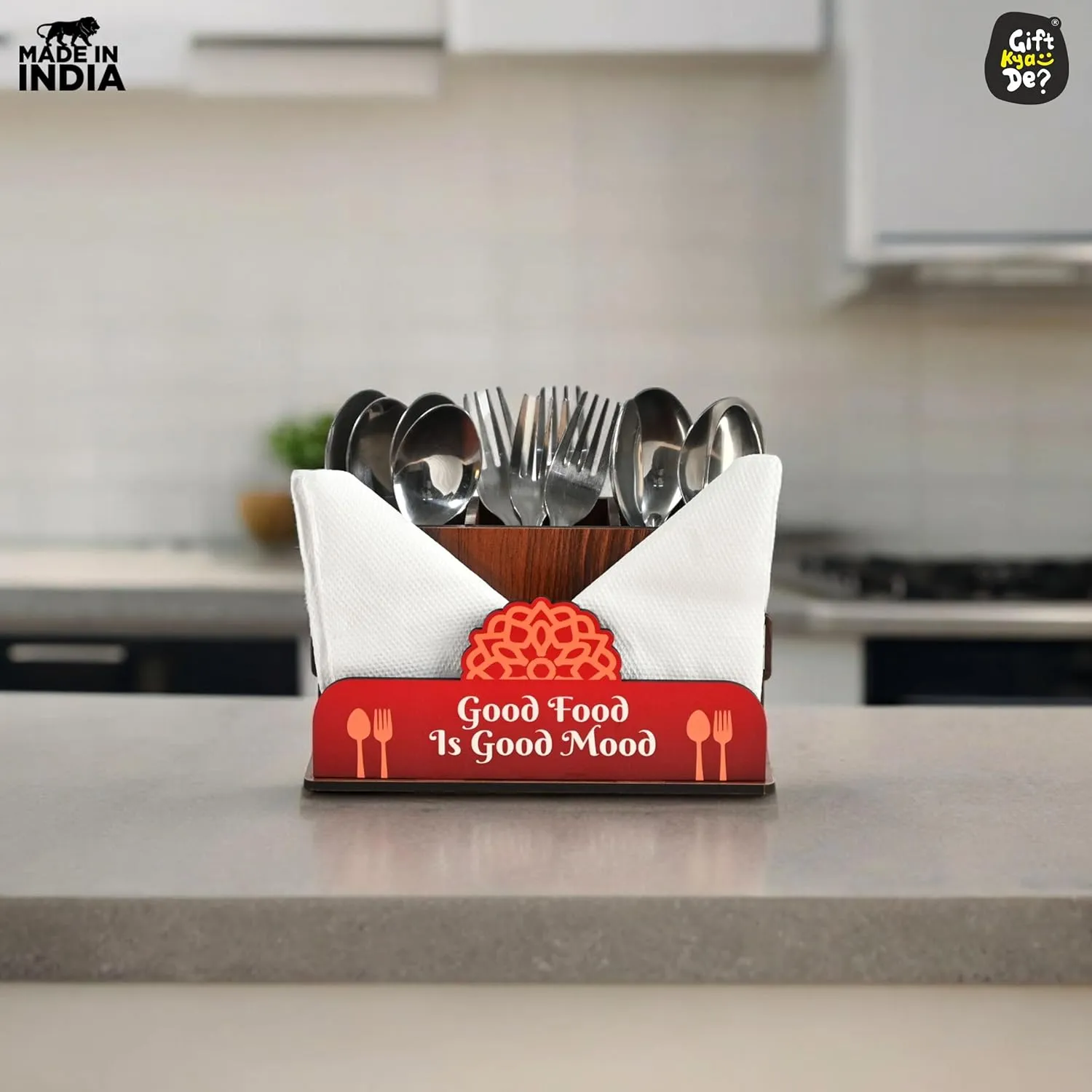 Cutlery Stand with Tissue Holder for Kitchen & Dining Table | 3 Compartments | Spoon, Knife & Fork Holder, Cutlery Organizer