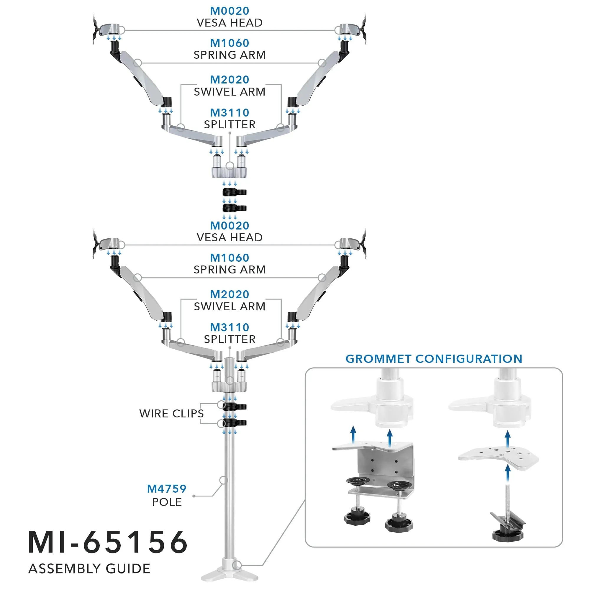 Full Motion Quad Monitor Desk Mount w/ Spring Arms