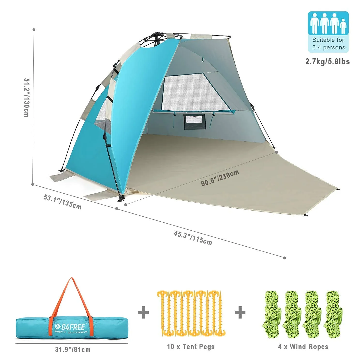 G4Free 3-4 Person Beach Tent Pop Up Shade