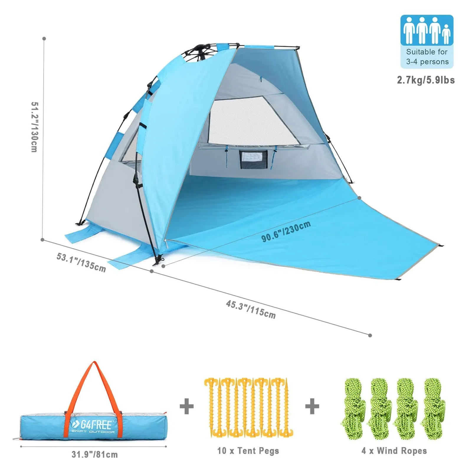 G4Free 3-4 Person Beach Tent Pop Up Shade