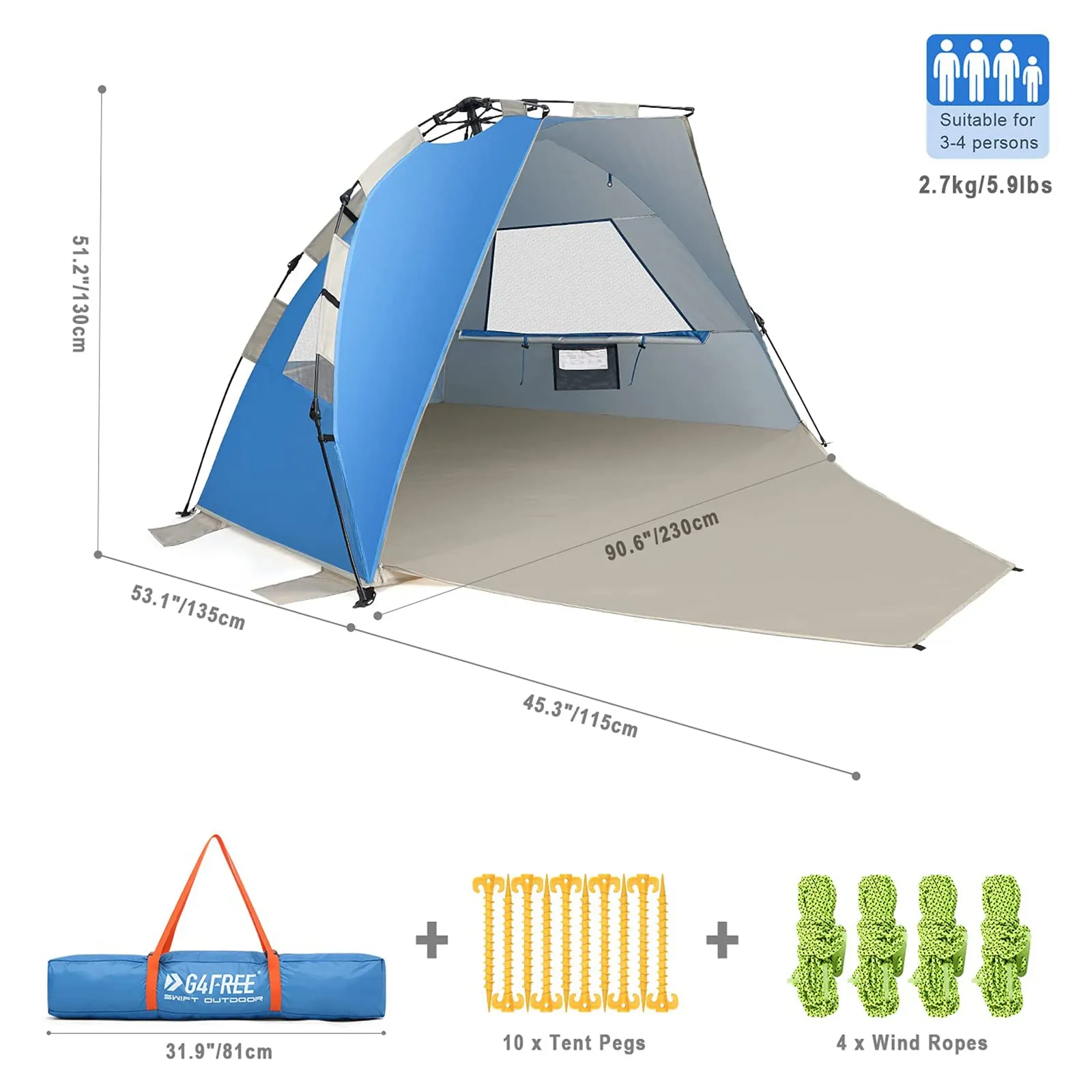 G4Free 3-4 Person Beach Tent Pop Up Shade