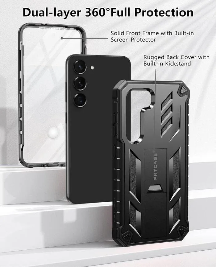 Galaxy S23 6.1 inches Military Rugged Textured Bumper Cover with Screen Protector & Kickstand