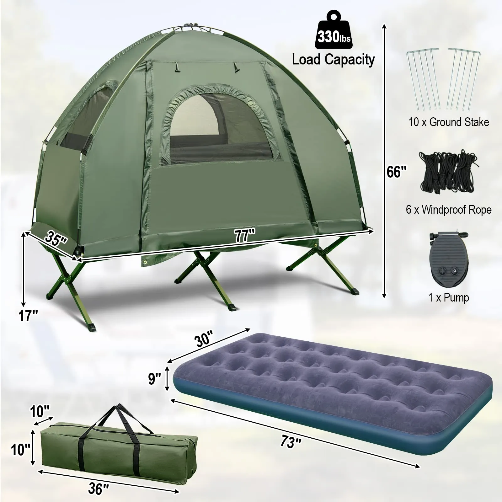 Goplus Camping Tent Cot, 5-in-1 Folding Camping Bed with Air Mattress, Pillow, Sleeping Bag