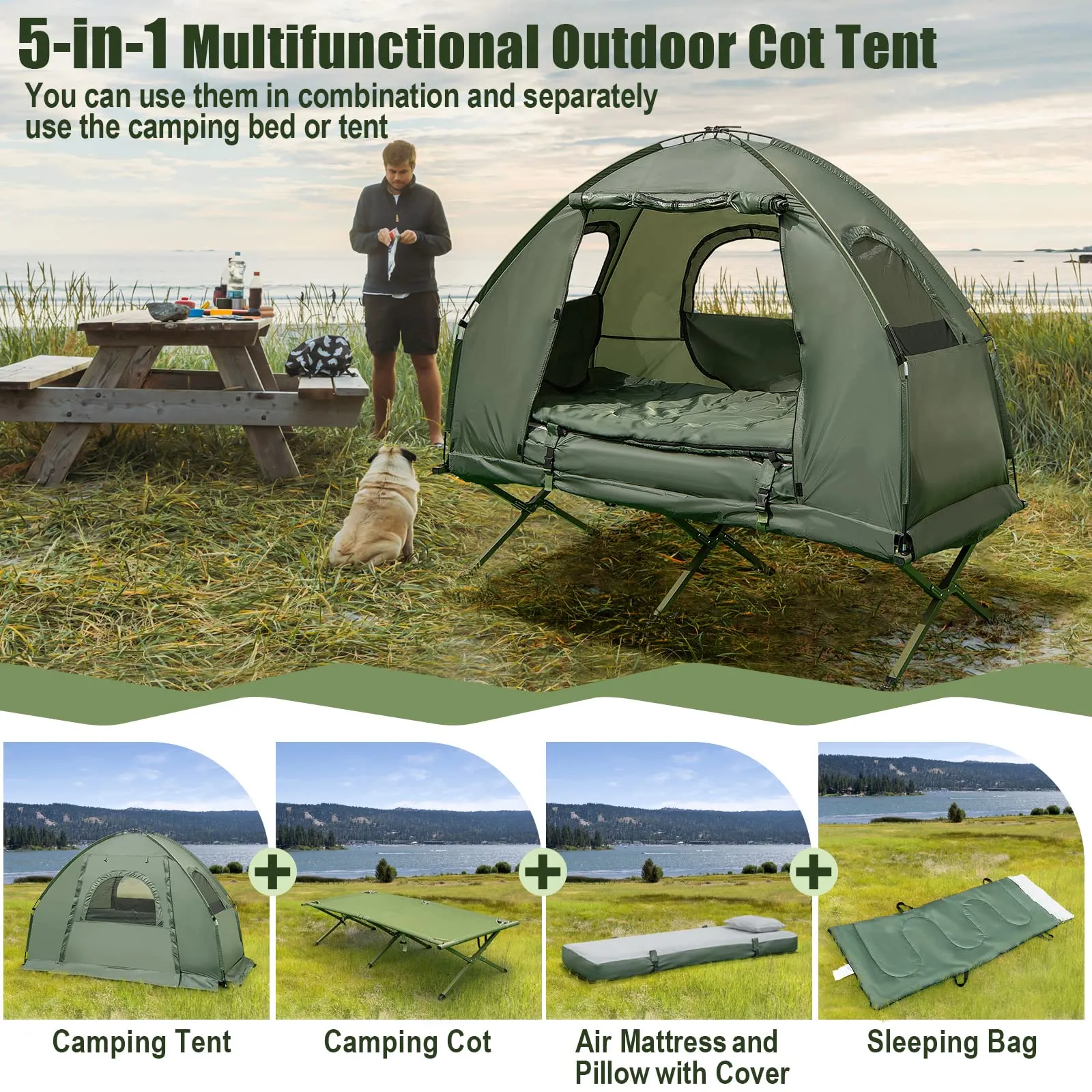 Goplus Camping Tent Cot, 5-in-1 Folding Camping Bed with Air Mattress, Pillow, Sleeping Bag