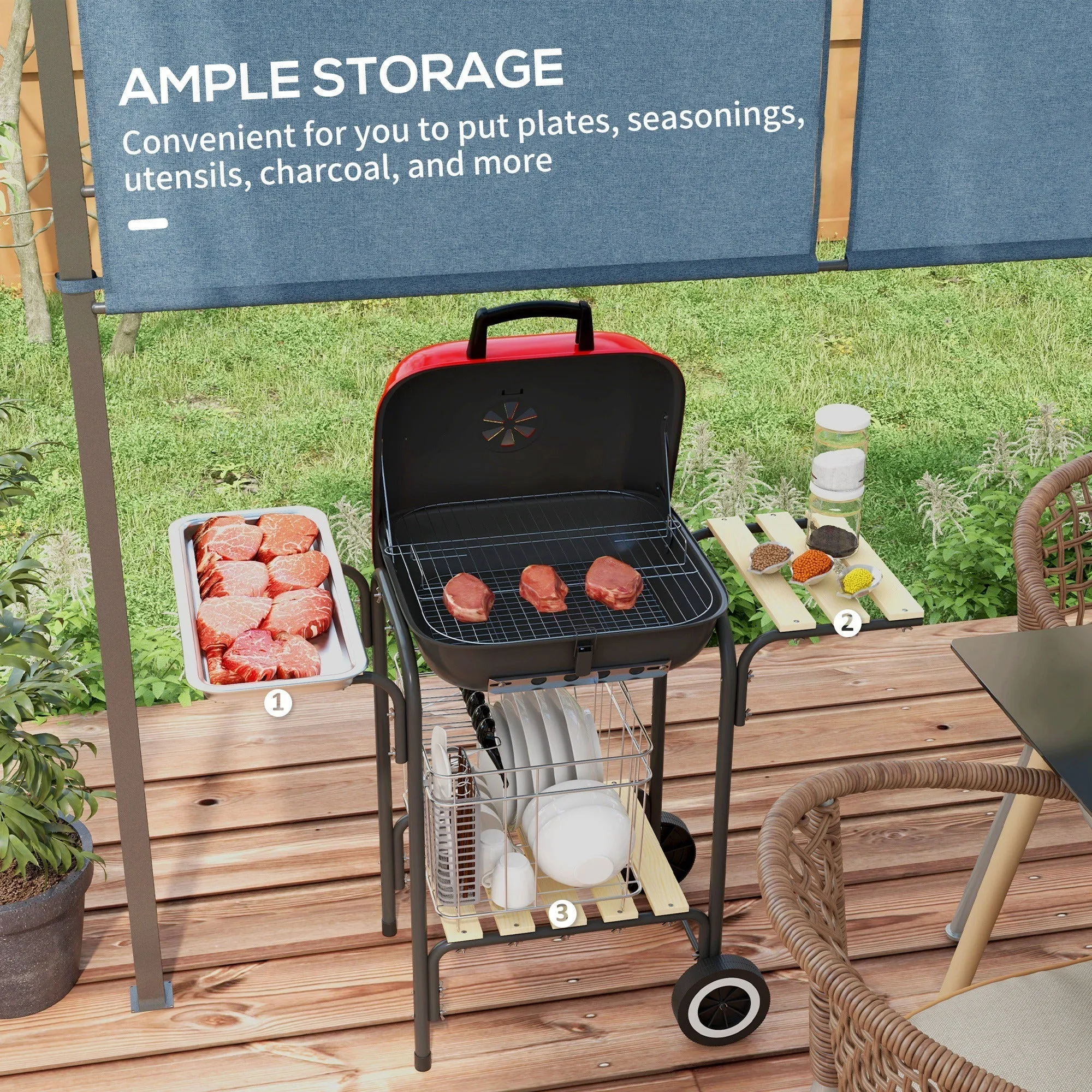 Outsunny 17" Portable Charcoal Grill with Wheels, 2 Side Tables and Bottom Shelf, BBQ with Adjustable Vents on Lid for Picnic, Camping, Backyard, Cooking, Red