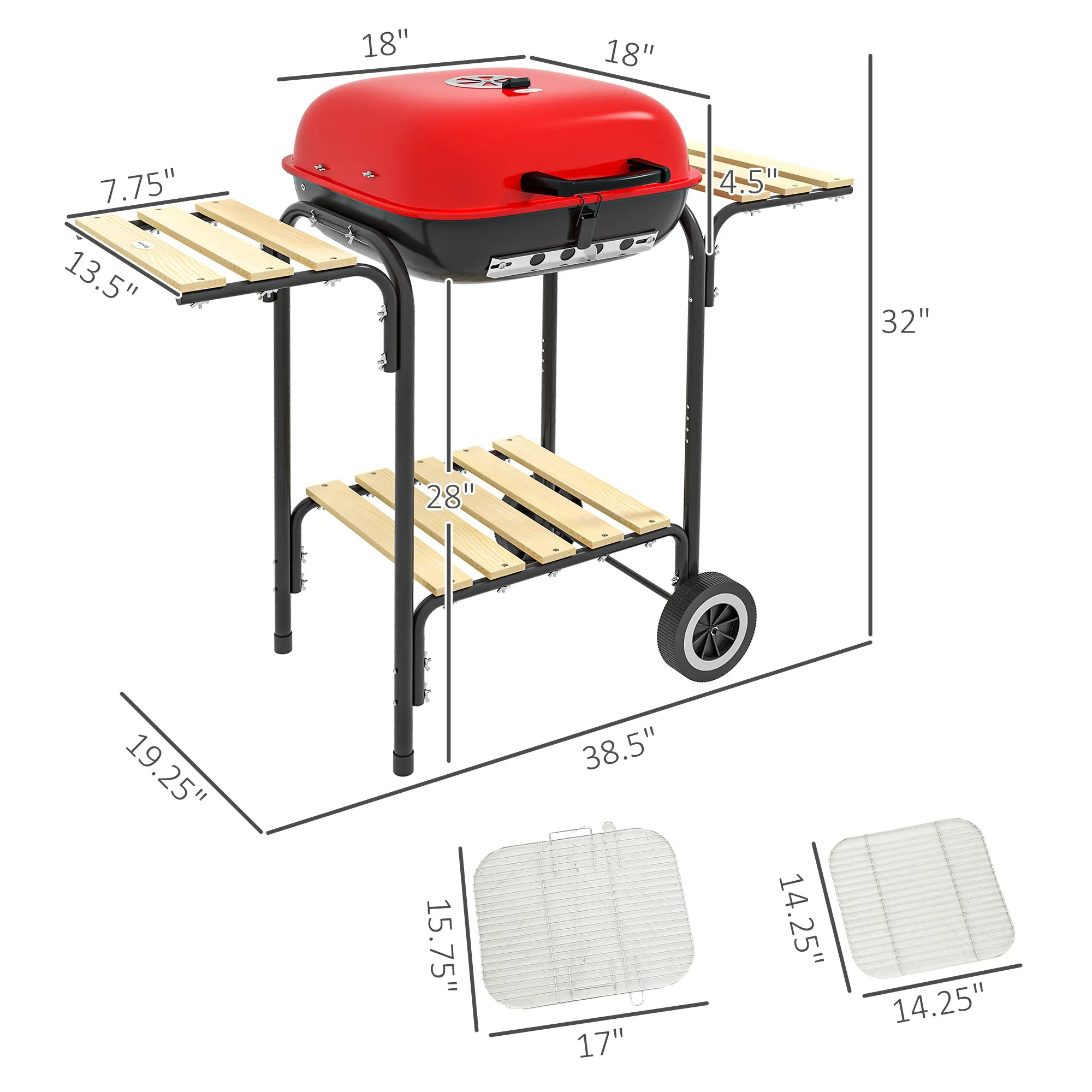 Outsunny 17" Portable Charcoal Grill with Wheels, 2 Side Tables and Bottom Shelf, BBQ with Adjustable Vents on Lid for Picnic, Camping, Backyard, Cooking, Red