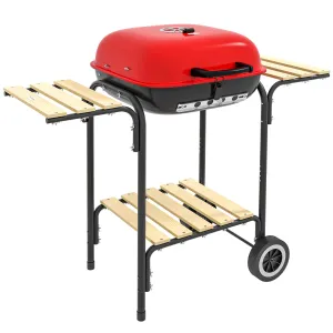 Outsunny 17" Portable Charcoal Grill with Wheels, 2 Side Tables and Bottom Shelf, BBQ with Adjustable Vents on Lid for Picnic, Camping, Backyard, Cooking, Red