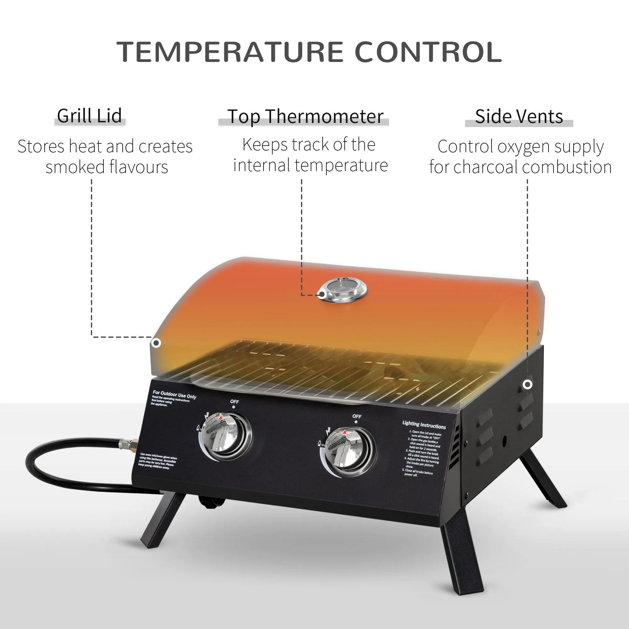 Outsunny 2 Burner Propane Gas Grill Outdoor Portable Tabletop BBQ with Foldable Legs, Lid, Thermometer for Camping, Picnic, Backyard, Black